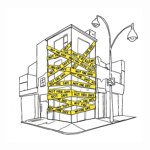 building wrapped in non-fire safe tape