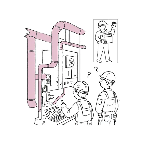 two techs looking at plumbing system, while one is leaving the site