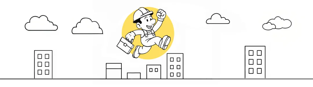 illustration of a handyman jumping over buildings