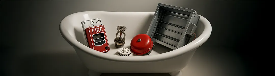Bathtub in a dark room with fire safety systems inside of the tub