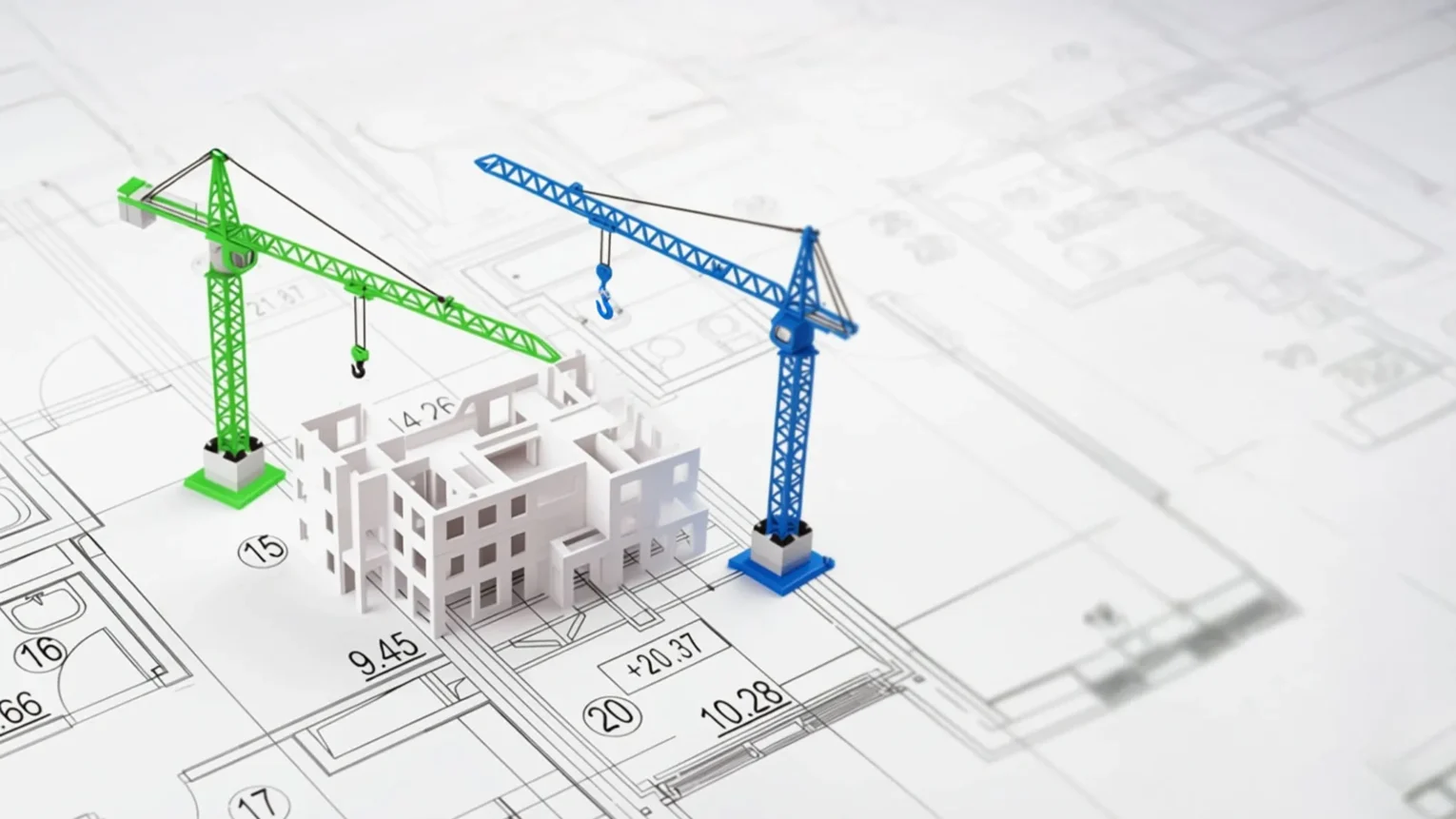 decorative image of two miniature cranes on top of a drawing 