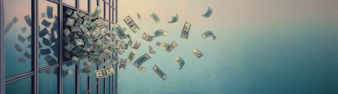 money flying out of a building wall