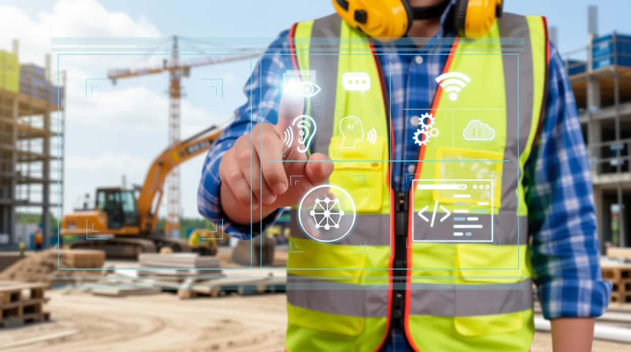 construction worker pressing AI user interface