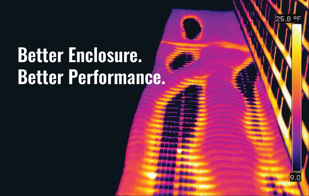 Infrared view of a high-rise building showing temperature variations along balconies, with text: Better Enclosure. Better Performance.